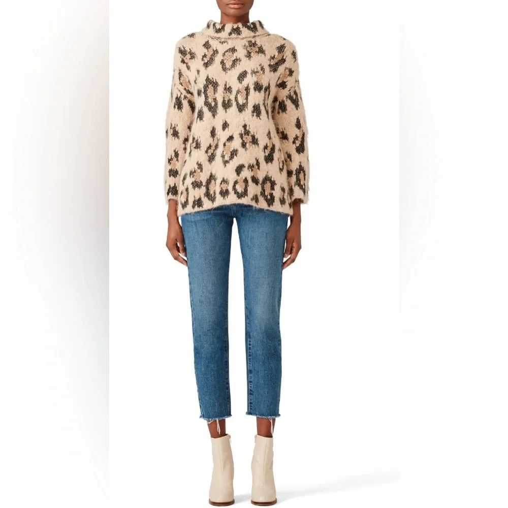 Kate Spade Leopard Print Chunky Sweater Alpaca Wool Oversized Mock Neck | XL